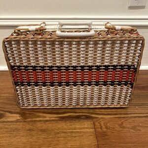 Vintage Wicker and Vinyl Rattan Picnic Basket Black Red White Suitcase w/ Handle